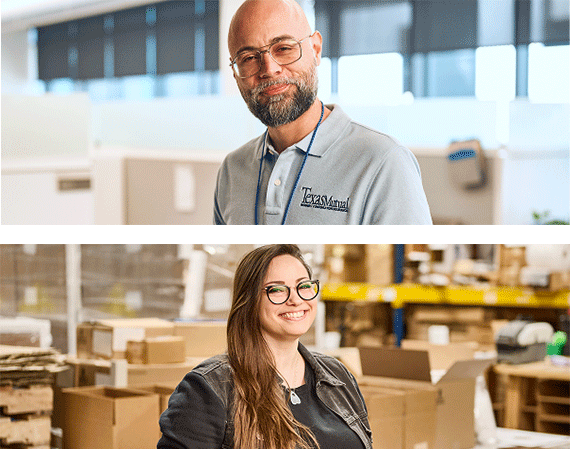 ImÃ¡genes de un empleado de Texas Mutual y de un trabajador de un almacÃ©n.